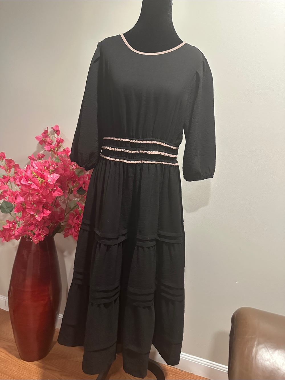 Black Midi Dress with Pink Trim